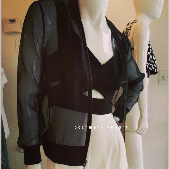 NOT FOR SALE 💔MICHELLE MASON Sheer Silk Organza Mesh Bomber Zip-Up Jacket Black - Picture 3 of 15